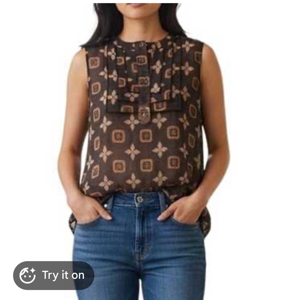 NWOT Cabi Louis Top Sleeveless Brown Tan Geometric Crew Neck Pleated Size Medium - Picture 9 of 9